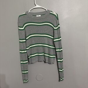 BP Women's Striped‎ Green Gray Long Sleeve Lettuce Edge Hem Sweater Size Large